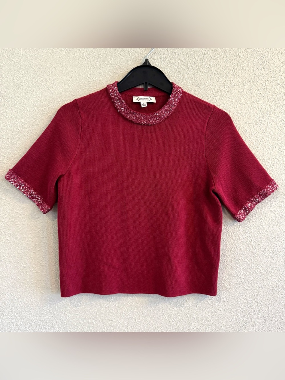 Nanette Lepore Size S Ruby Red Wine Sequin Trim Fine Knit crop sweater 7S16614